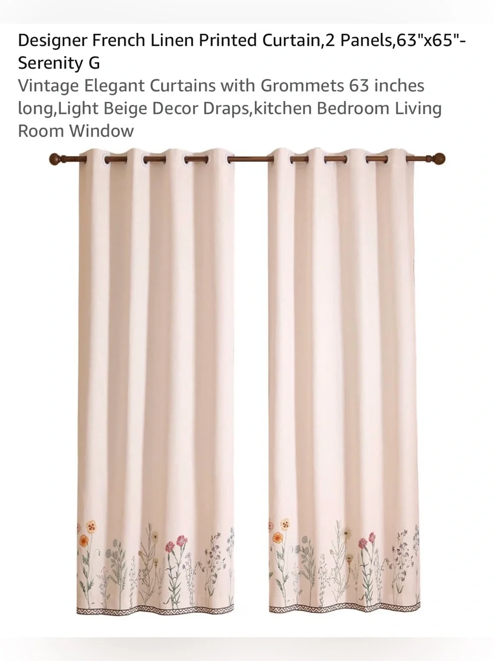 French Beige Cottagecore Curtains Floral Grommets Semi Blackout 2 panels 65”x63